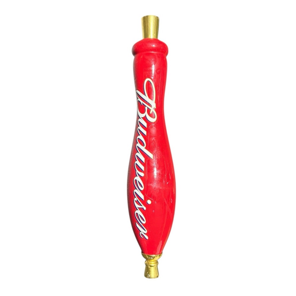 Vintage Red Budweiser Beer Tap Handle 12" White Script Gold Base Man Cave - Picture 3 of 5